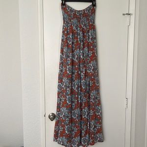 Tiare Hawaii Rust & Turquoise Strapless Maxi Dress with Slit